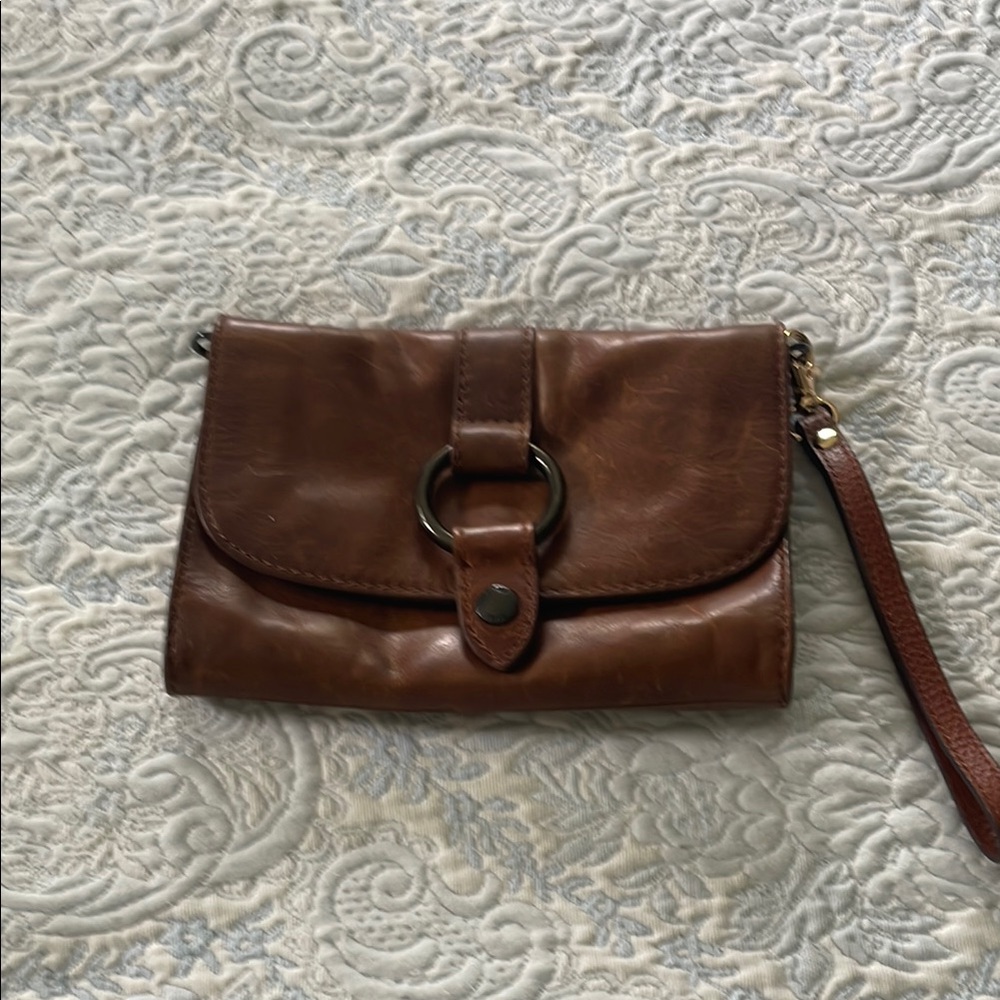 Frye Brown Leather Wristlet Clutch with Vintage Charm